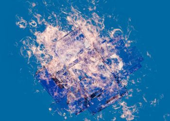 A vibrant abstract art piece featuring a fiery geometric design against a blue background.