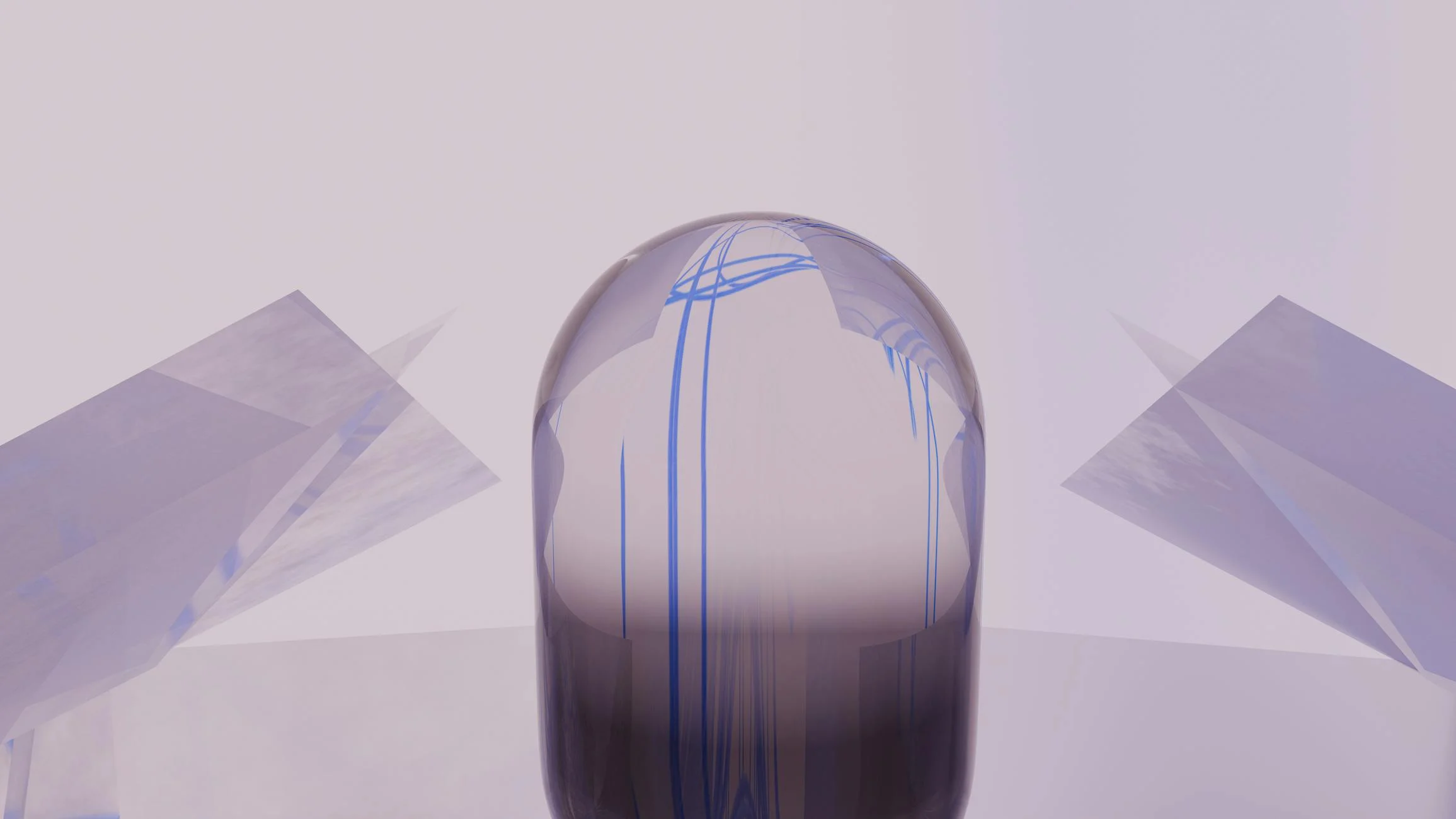 Abstract digital art featuring a translucent sphere and geometric shapes in pastel tones, creating a serene aesthetic.
