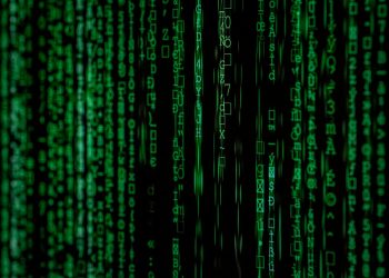 Abstract green matrix code background with binary style.