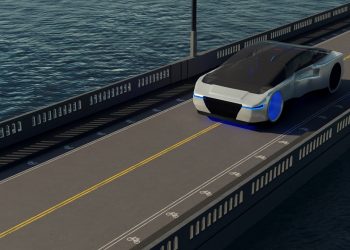 A futuristic car driving on a bridge over a body of water