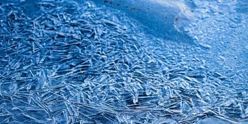 Detailed view of intricate ice patterns on a frozen surface in winter.
