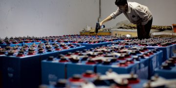 A worker checking many industrial batteries inside a facility. Indoor, industrial setting.