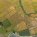 Aerial shot showcasing the patchwork of rice paddies in vibrant colors near Nha Trang, Vietnam.