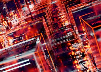 Vibrant abstract digital art featuring geometric blocks with LED light effects in a network pattern.