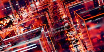 Vibrant abstract digital art featuring geometric blocks with LED light effects in a network pattern.