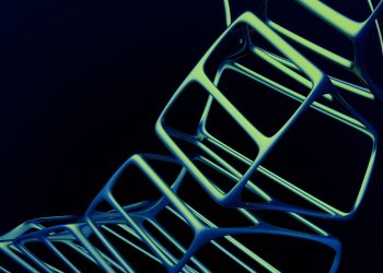 A digital artwork featuring luminous 3D geometric shapes in a dark abstract style.