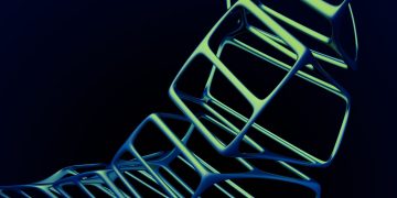 A digital artwork featuring luminous 3D geometric shapes in a dark abstract style.