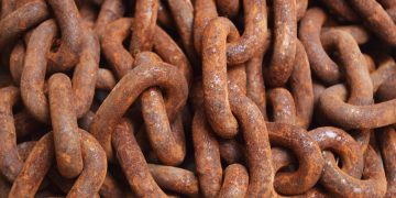 Detailed close-up of rusty metal chains, showcasing texture and pattern.