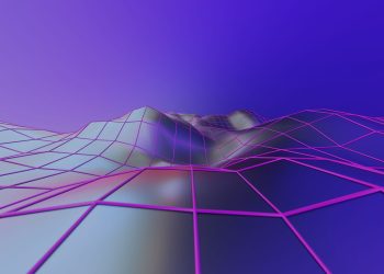 Abstract 3D geometric landscape with vibrant colors and futuristic digital style.