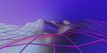 Abstract 3D geometric landscape with vibrant colors and futuristic digital style.