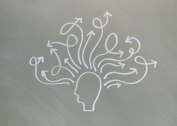 Conceptual chalk drawing illustrating mental health challenges with arrows representing thoughts.