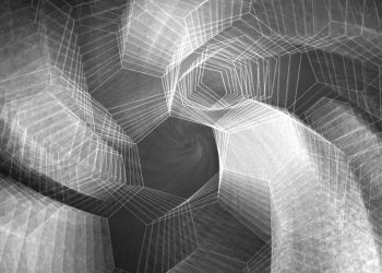 Black and white abstract pattern with geometric shapes and swirling design.