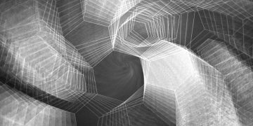 Black and white abstract pattern with geometric shapes and swirling design.