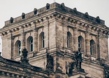 Close-up of the architectural details of the Reichstag Building in Berlin, Germany.