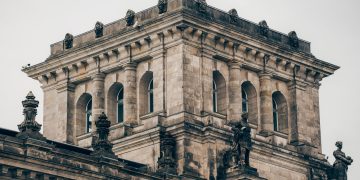 Close-up of the architectural details of the Reichstag Building in Berlin, Germany.