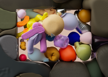 Vibrant 3D rendering of colorful geometric shapes arranged in an abstract layout.