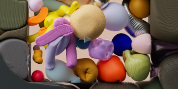 Vibrant 3D rendering of colorful geometric shapes arranged in an abstract layout.
