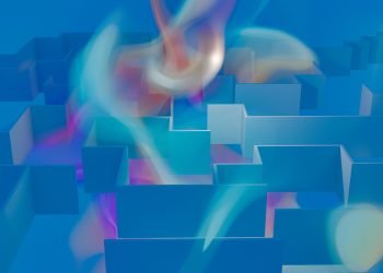 Vibrant 3D abstract render of a geometric maze with colorful light effects.