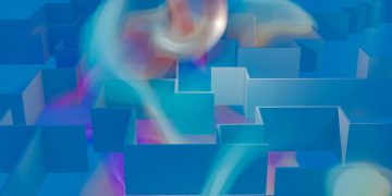 Vibrant 3D abstract render of a geometric maze with colorful light effects.