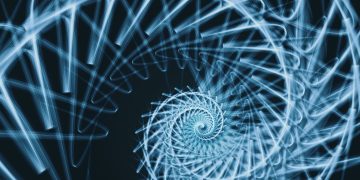 Fascinating blue spiral design with intricate geometric patterns, perfect for creative headers or wallpapers.