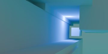 A modern abstract geometric design in blue shades with a tunnel effect.