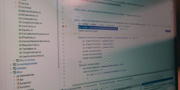 Detailed view of code and file structure in a software development environment.