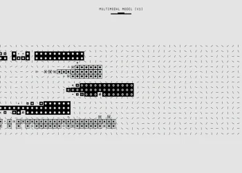 Abstract black and white graphic featuring a multimodal model pattern with various shapes.