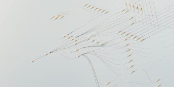Abstract illustration depicting complex digital neural networks and data flow.