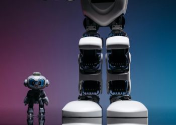 A large robot stands beside a small toy robot with colorful studio lighting, showcasing technology innovation.