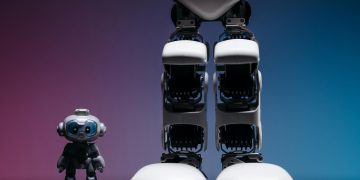 A large robot stands beside a small toy robot with colorful studio lighting, showcasing technology innovation.