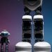 A large robot stands beside a small toy robot with colorful studio lighting, showcasing technology innovation.