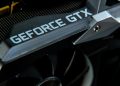 Detailed close-up of a GeForce GTX graphics card showing hardware components.