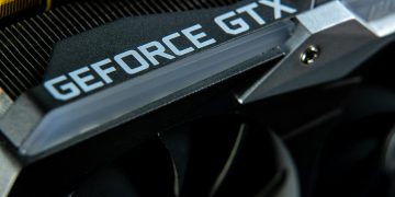 Detailed close-up of a GeForce GTX graphics card showing hardware components.