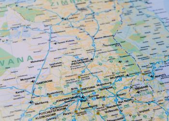 Close-up view of a detailed map highlighting Southern Africa's cities and routes.