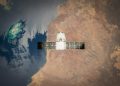 Satellite in orbit with detailed view of Earth and ocean below.