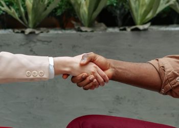 Close-up of diverse hands shaking indoors, symbolizing partnership and agreement.
