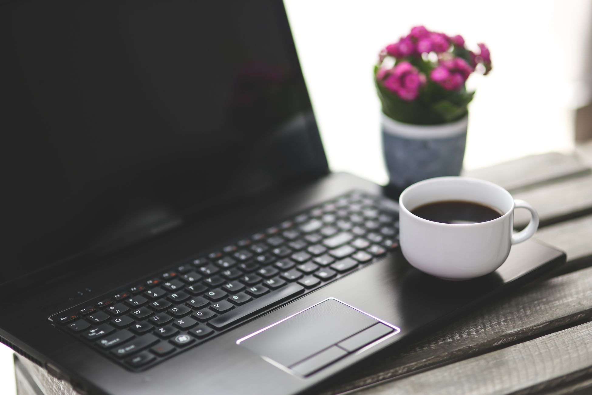 A sleek laptop with a cup of coffee and a flower pot on a wooden table.