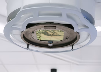 Close-up of sophisticated medical imaging equipment in a laboratory setting.
