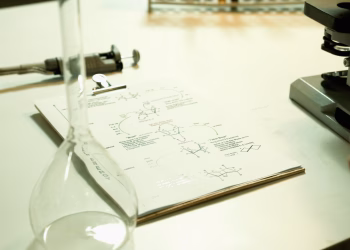 Close-up of a laboratory setup with documents, beaker, and microscope on a table.