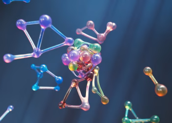 Colorful abstract representation of molecular structures with 3D spheres and connections.