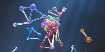Colorful abstract representation of molecular structures with 3D spheres and connections.