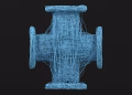 A complex abstract 3D sculpture created with blue wireframes on a black background.