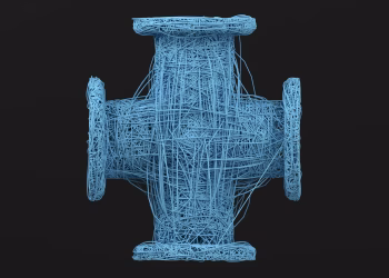 A complex abstract 3D sculpture created with blue wireframes on a black background.