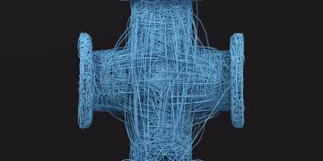 A complex abstract 3D sculpture created with blue wireframes on a black background.