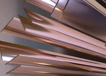 Dynamic abstract design featuring metallic geometric elements with a warm, golden tone.
