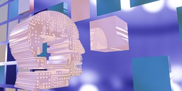 a person's head with a circuit board in the background
