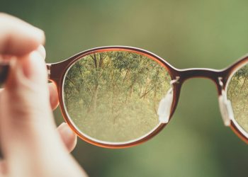 person holding brown eyeglasses with green trees background
