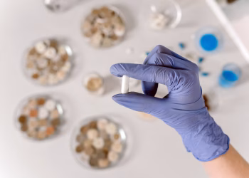 Close-up of a gloved hand holding a white capsule in a lab environment.