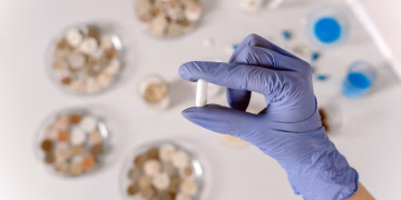 Close-up of a gloved hand holding a white capsule in a lab environment.
