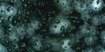 Close-up of raindrops on a glass window with a blurred green background.
